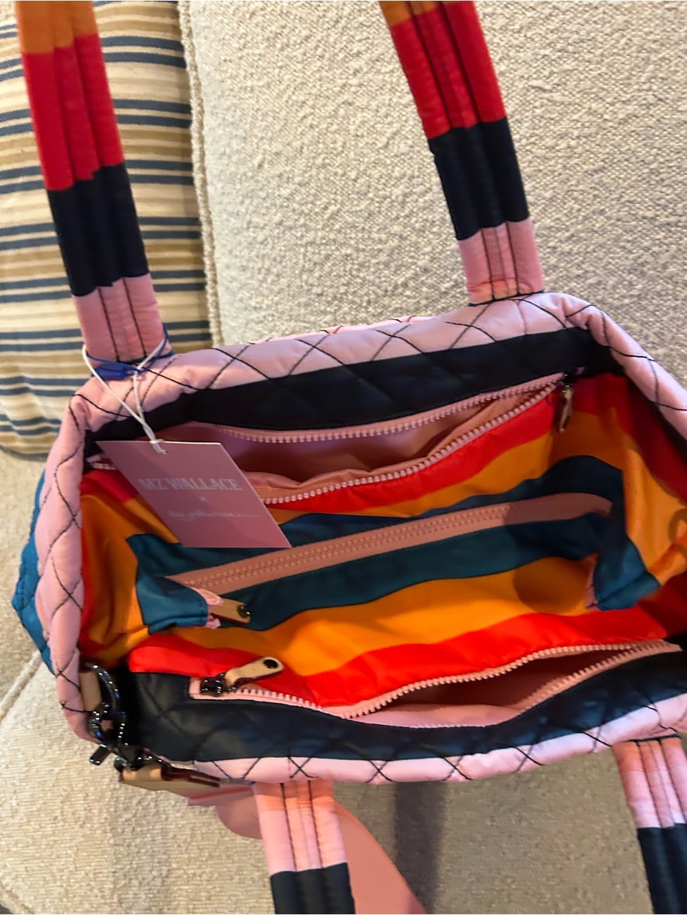 Quilted Multicolor Stripe Tote Bag - Pink, Blue, Orange - Picture 4 of 4